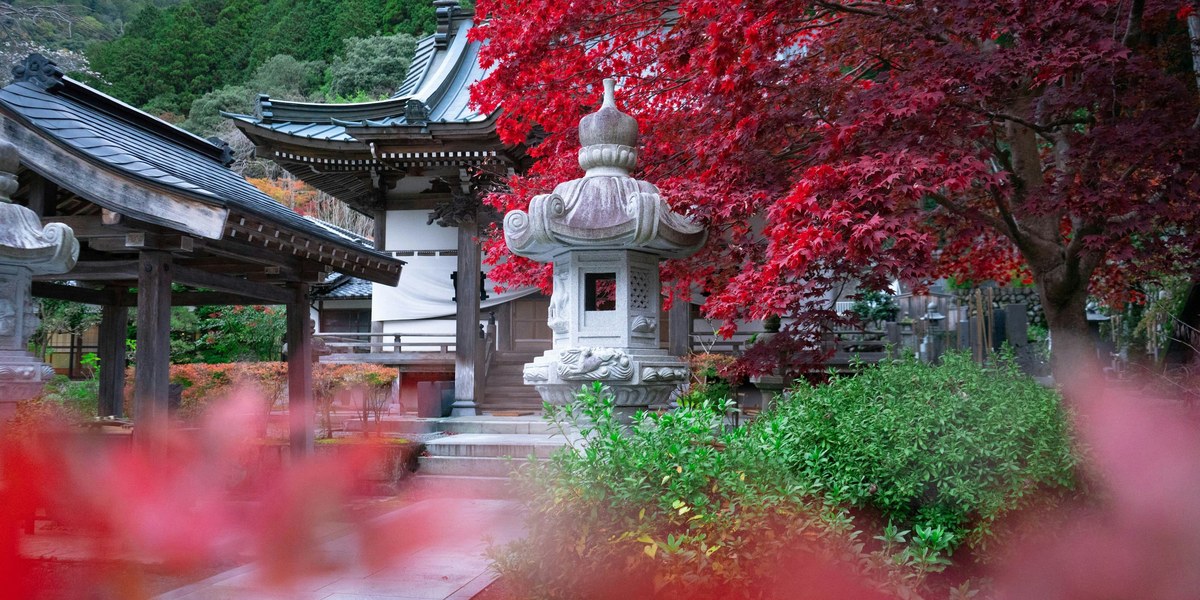 A stone lantern surrounded by red maple leaves at a Japanese temple
