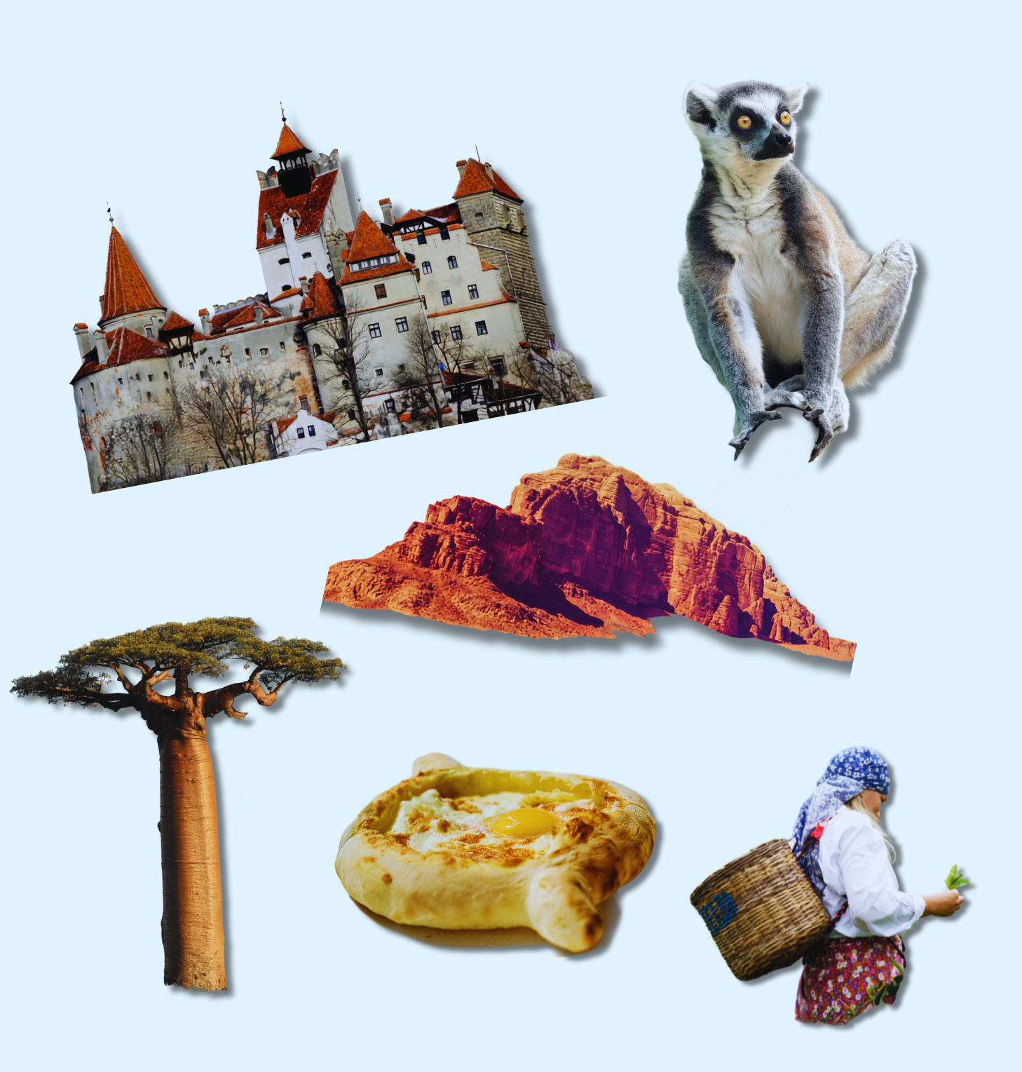 Collage of Bran Castle in Romania, a ring-tailed lemur in Madagascar, a canyon in Oman, a baobab tree in Madagascar, khachapuri from Georgia, and a tea picker in Sri Lanka